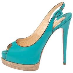Christian Louboutin Turqouise Leather Peep Toe Platform Slingback Sandals Size 40