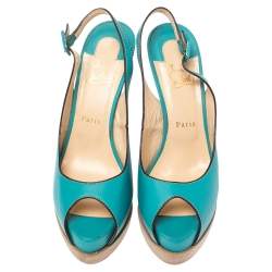Christian Louboutin Turqouise Leather Peep Toe Platform Slingback Sandals Size 40