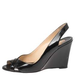 Pre Owned Christian Louboutin Black Patent Leather Marplesoft Slingback Wedge Sandals Size 39