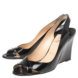Pre Owned Christian Louboutin Black Patent Leather Marplesoft Slingback Wedge Sandals Size 39