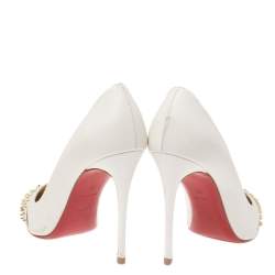 Pre Owned Christian Louboutin White Leather Bareta Spike Pointed Toe Pumps Size 38