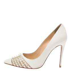 Pre Owned Christian Louboutin White Leather Bareta Spike Pointed Toe Pumps Size 38