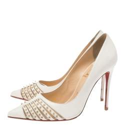 Pre Owned Christian Louboutin White Leather Bareta Spike Pointed Toe Pumps Size 38