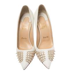 Pre Owned Christian Louboutin White Leather Bareta Spike Pointed Toe Pumps Size 38