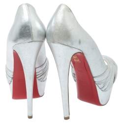Pre Owned Christian Louboutin Silver Leather Criss Cross Peep Toe Platform Pumps Size 35.5