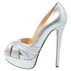 Pre Owned Christian Louboutin Silver Leather Criss Cross Peep Toe Platform Pumps Size 35.5