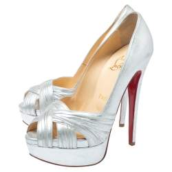 Pre Owned Christian Louboutin Silver Leather Criss Cross Peep Toe Platform Pumps Size 35.5