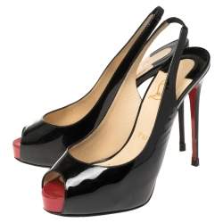 Pre Owned Christian Louboutin Black Patent Leather Private Number Peep Toe Slingback Sandals Size 37