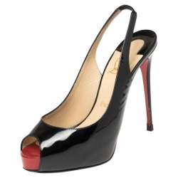 Pre Owned Christian Louboutin Black Patent Leather Private Number Peep Toe Slingback Sandals Size 37