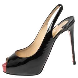 Pre Owned Christian Louboutin Black Patent Leather Private Number Peep Toe Slingback Sandals Size 37