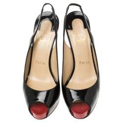 Pre Owned Christian Louboutin Black Patent Leather Private Number Peep Toe Slingback Sandals Size 37