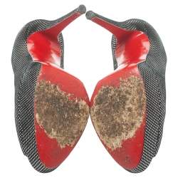 Pre Owned Christian Louboutin Black Suede with Metallic Silver Polka Dots Peep Toe Platform Pumps Size 40