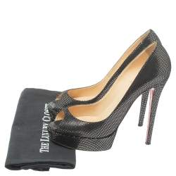 Pre Owned Christian Louboutin Black Suede with Metallic Silver Polka Dots Peep Toe Platform Pumps Size 40