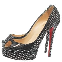 Pre Owned Christian Louboutin Black Suede with Metallic Silver Polka Dots Peep Toe Platform Pumps Size 40