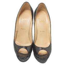 Pre Owned Christian Louboutin Black Suede with Metallic Silver Polka Dots Peep Toe Platform Pumps Size 40