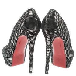 Pre Owned Christian Louboutin Black Suede with Metallic Silver Polka Dots Peep Toe Platform Pumps Size 40