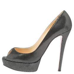 Pre Owned Christian Louboutin Black Suede with Metallic Silver Polka Dots Peep Toe Platform Pumps Size 40
