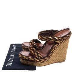 Pre Owned Christian Louboutin Two Tone Braided Leather And Suede Espadrille Wedge Platform Sandals Size 38