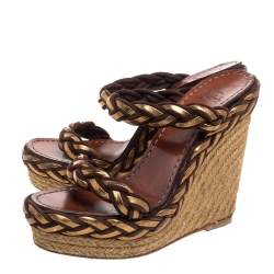 Pre Owned Christian Louboutin Two Tone Braided Leather And Suede Espadrille Wedge Platform Sandals Size 38
