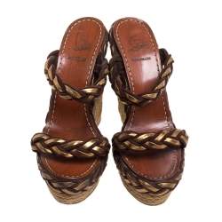Pre Owned Christian Louboutin Two Tone Braided Leather And Suede Espadrille Wedge Platform Sandals Size 38