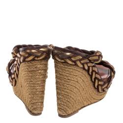 Pre Owned Christian Louboutin Two Tone Braided Leather And Suede Espadrille Wedge Platform Sandals Size 38