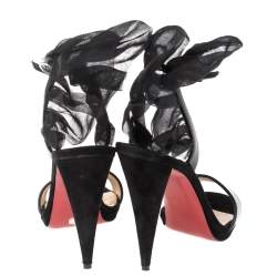 Pre Owned Christian Louboutin Black Suede and Patent Leather Jacqueline Ankle Strap Sandals Size 36.5