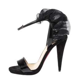 Pre Owned Christian Louboutin Black Suede and Patent Leather Jacqueline Ankle Strap Sandals Size 36.5