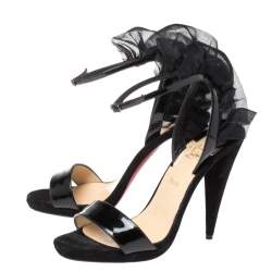 Pre Owned Christian Louboutin Black Suede and Patent Leather Jacqueline Ankle Strap Sandals Size 36.5