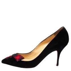Pre Owned Christian Louboutin Black Suede and Tartan Detail Pointed Toe Pumps Size 41