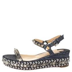 Pre Owned Christian Louboutin Light Blue Canvas Pyraclou Studded Ankle Strap Platform Sandals Size 38