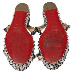 Pre Owned Christian Louboutin Light Blue Canvas Pyraclou Studded Ankle Strap Platform Sandals Size 38