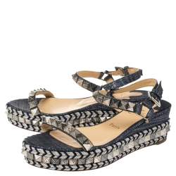 Pre Owned Christian Louboutin Light Blue Canvas Pyraclou Studded Ankle Strap Platform Sandals Size 38