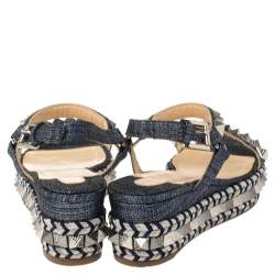 Pre Owned Christian Louboutin Light Blue Canvas Pyraclou Studded Ankle Strap Platform Sandals Size 38