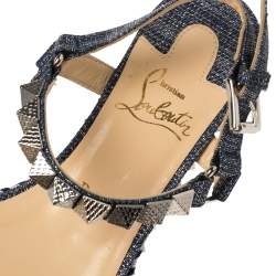 Pre Owned Christian Louboutin Light Blue Canvas Pyraclou Studded Ankle Strap Platform Sandals Size 38