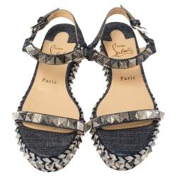 Pre Owned Christian Louboutin Light Blue Canvas Pyraclou Studded Ankle Strap Platform Sandals Size 38