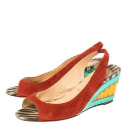 Pre Owned Christian Louboutin Red Suede Slingback Wedges Sandals Size 38