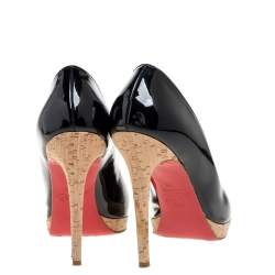 Pre Owned Christian Louboutin Black Patent Leather Bruges Cork Platform Pumps Size 38