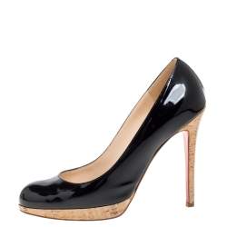 Pre Owned Christian Louboutin Black Patent Leather Bruges Cork Platform Pumps Size 38