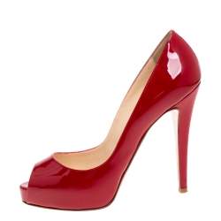 Pre Owned Christian Louboutin Red Patent Leather Hyper Prive Peep Toe Platform Pumps Size 37.5