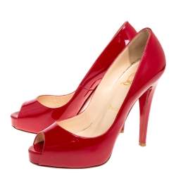 Pre Owned Christian Louboutin Red Patent Leather Hyper Prive Peep Toe Platform Pumps Size 37.5