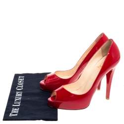 Pre Owned Christian Louboutin Red Patent Leather Hyper Prive Peep Toe Platform Pumps Size 37.5