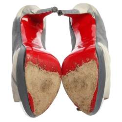 Pre Owned Christian Louboutin Grey/Blue Leather, Suede And Mesh Bow Peep Toe Pumps Size 40