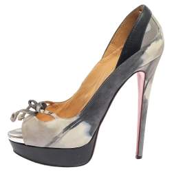 Pre Owned Christian Louboutin Grey/Blue Leather, Suede And Mesh Bow Peep Toe Pumps Size 40