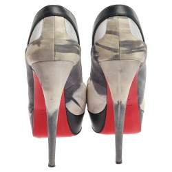 Pre Owned Christian Louboutin Grey/Blue Leather, Suede And Mesh Bow Peep Toe Pumps Size 40