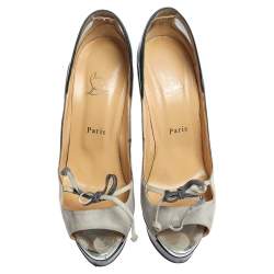 Pre Owned Christian Louboutin Grey/Blue Leather, Suede And Mesh Bow Peep Toe Pumps Size 40