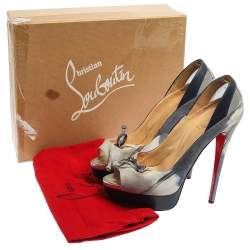 Pre Owned Christian Louboutin Grey/Blue Leather, Suede And Mesh Bow Peep Toe Pumps Size 40