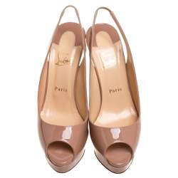 Pre Owned Christian Louboutin Beige Patent Leather Lady Peep Slingback Platform Sandals Size 40