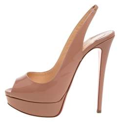 Pre Owned Christian Louboutin Beige Patent Leather Lady Peep Slingback Platform Sandals Size 40