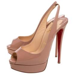 Pre Owned Christian Louboutin Beige Patent Leather Lady Peep Slingback Platform Sandals Size 40