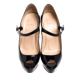 Pre Owned Christian Louboutin Black Patent Leather Zeppa Peep Toe Mary Jane Pumps Size 36.5